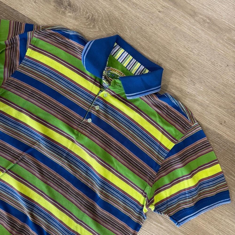 Robert Graham Polo Shirt Mens L Green Blue Striped Short Sleeve Cotton Pique